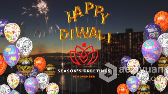 喜庆节日排灯节美丽快乐气球装修揭示节日祝福LOGO动画 AE模板 AE工程文件 Happy Diwali Balloons Reveal  AE资源素材社区 www.aeziyuan.com